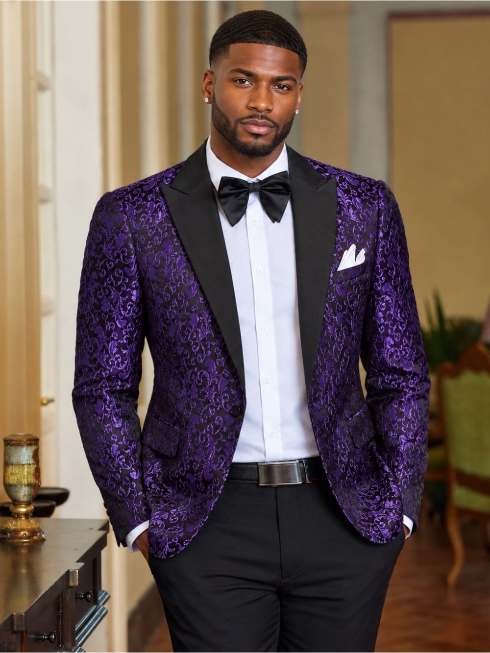 XL Purple Floral Jacquard Tuxedo Blazer with Black Satin Lapel